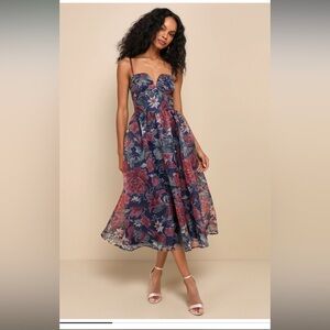 Lulu's Floral Midi Dress - Navy and Pink
